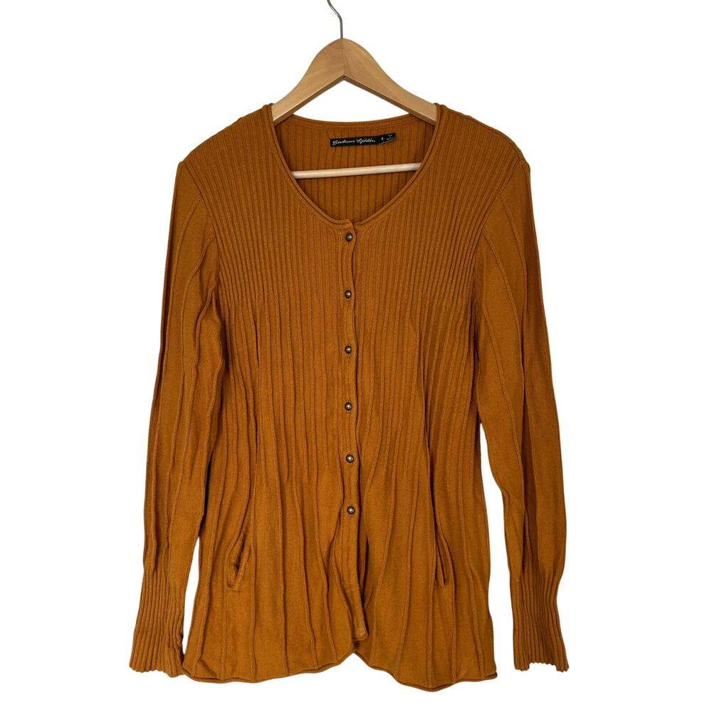 Gudrun Sjoden Women's Size S Mustard Yellow Cardigan Sweater Cotton Ribbed Knit